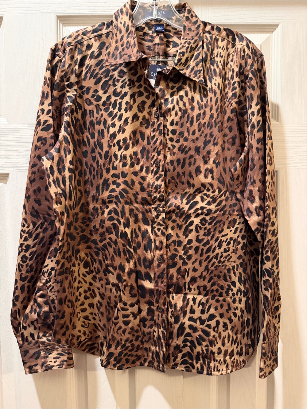 Chaps Leopard Print Cotton Button-Up Top